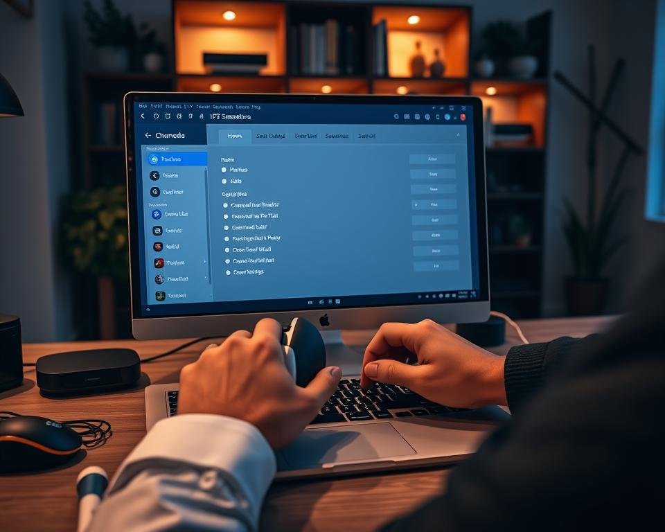 A modern Windows PC setup featuring the IPTV Smarters Pro application on the screen, showcasing the configuration interface. In the foreground, a sleek laptop with a high-resolution display illuminated by soft LED lighting, highlighting the user-friendly design of the app. A pair of hands, dressed in professional business attire, are engaged in configuring settings like channel list and streaming options. The middle layer includes a stylish desk with additional tech gadgets like a wireless keyboard and mouse. In the background, a cozy home office with warm ambient lighting, featuring shelves with books and plants, creating a welcoming atmosphere. The overall mood is productive and efficient, emphasizing ease of use and technical sophistication.