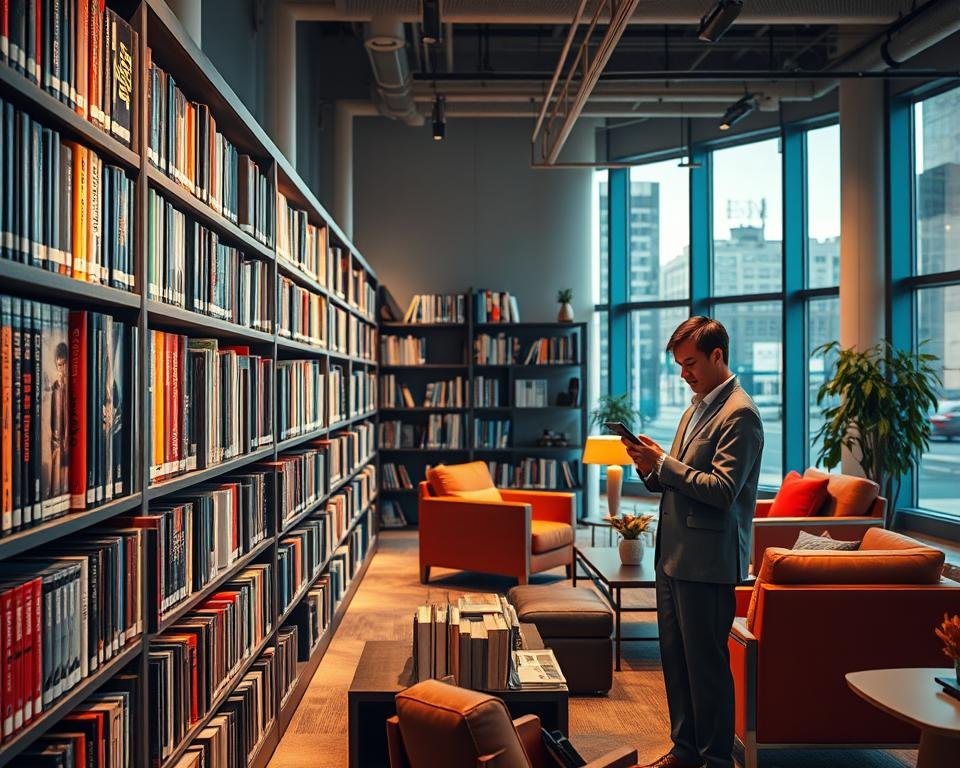 A modern and inviting library scene featuring a diverse array of multimedia elements representing a comprehensive VOD collection. In the foreground, a sleek, contemporary bookshelf filled with colorful DVD cases and digital devices showcases a variety of genres like action, drama, and documentaries. The middle ground includes a comfortable reading area with stylish furniture, where a professional-looking individual in smart casual attire browses through a tablet, reflecting engagement with the content. The background features large windows that let in warm, natural light, illuminating the space and creating a cozy atmosphere. Soft shadows enhance the inviting feel, with a focus on the familiar yet expansive nature of multimedia entertainment. The overall mood is vibrant and dynamic, suggesting a world of endless viewing possibilities. A modern and inviting library scene featuring a diverse array of multimedia elements representing a comprehensive VOD collection. In the foreground, a sleek, contemporary bookshelf filled with colorful DVD cases and digital devices showcases a variety of genres like action, drama, and documentaries. The middle ground includes a comfortable reading area with stylish furniture, where a professional-looking individual in smart casual attire browses through a tablet, reflecting engagement with the content. The background features large windows that let in warm, natural light, illuminating the space and creating a cozy atmosphere. Soft shadows enhance the inviting feel, with a focus on the familiar yet expansive nature of multimedia entertainment. The overall mood is vibrant and dynamic, suggesting a world of endless viewing possibilities.