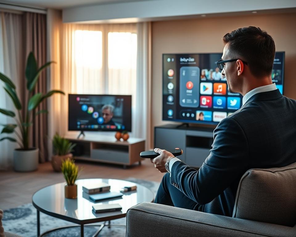 A modern and inviting living room setting featuring a sleek, large flat-screen TV displaying an intuitive IPTV interface. In the foreground, a person in professional business attire is interacting with a smart remote, their face filled with interest and engagement. In the middle ground, cozy furniture like a stylish sofa and minimalist coffee table set the scene, decorated with a few tech gadgets and a vibrant houseplant. The background includes a softly lit window with sheer curtains, allowing warm natural light to fill the room, enhancing the atmosphere of comfort and modernity. The overall mood is one of relaxation combined with cutting-edge technology, emphasizing an optimal user experience in home entertainment. A modern and inviting living room setting featuring a sleek, large flat-screen TV displaying an intuitive IPTV interface. In the foreground, a person in professional business attire is interacting with a smart remote, their face filled with interest and engagement. In the middle ground, cozy furniture like a stylish sofa and minimalist coffee table set the scene, decorated with a few tech gadgets and a vibrant houseplant. The background includes a softly lit window with sheer curtains, allowing warm natural light to fill the room, enhancing the atmosphere of comfort and modernity. The overall mood is one of relaxation combined with cutting-edge technology, emphasizing an optimal user experience in home entertainment.