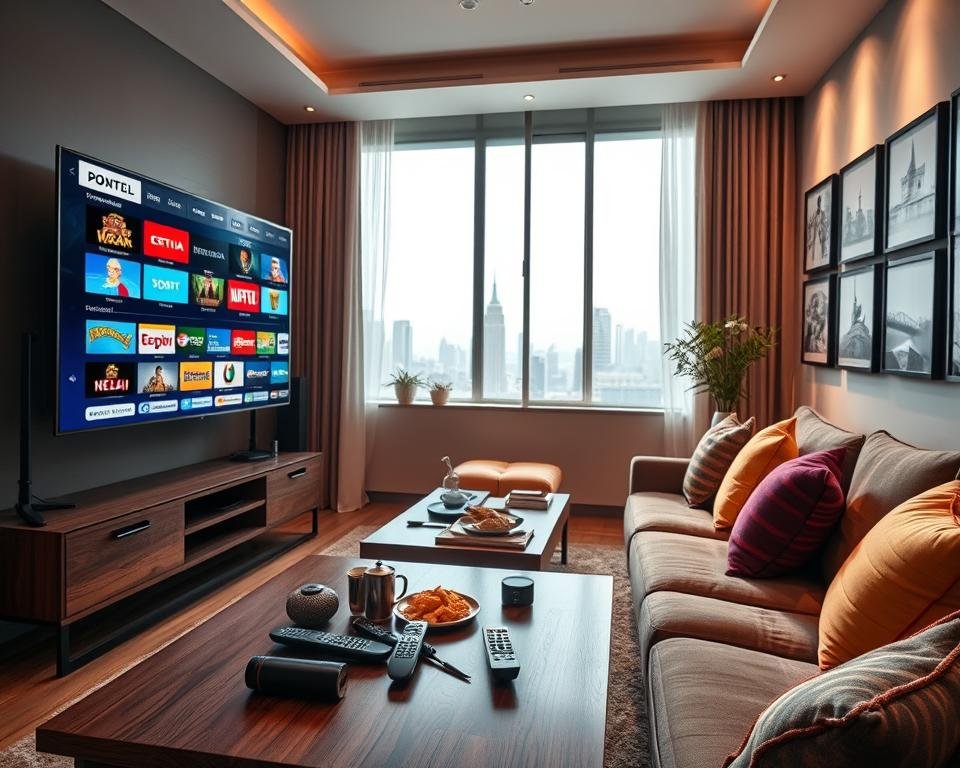 A modern and inviting living room with a large flat-screen TV displaying various international television channels. In the foreground, a stylish coffee table loaded with remote controls and snacks, hinting at a cozy movie night. The middle ground features comfortable sofas adorned with colorful cushions, creating a warm atmosphere. In the background, a large window with natural light streaming in, casting soft shadows throughout the room. The walls are decorated with framed images of iconic world landmarks, suggesting diverse cultures. The mood is relaxed and welcoming, with a focus on quality entertainment. The lighting is warm and inviting, capturing the essence of home entertainment.