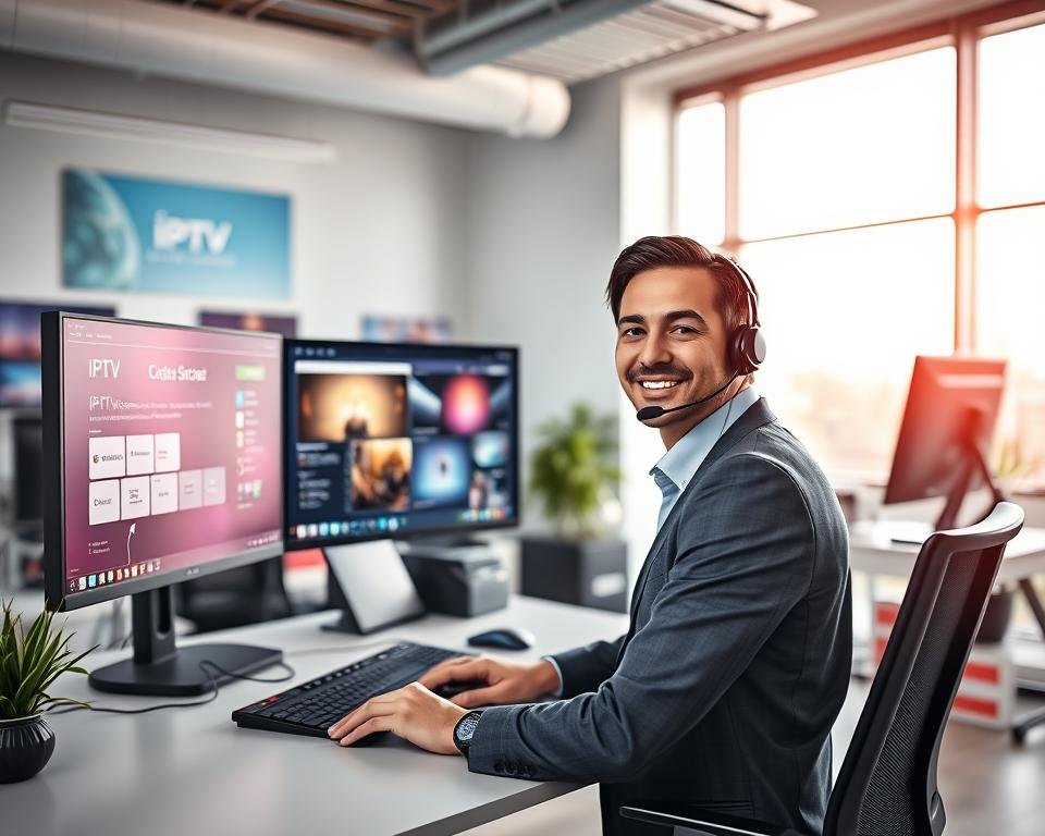 A modern and inviting technical support environment for an online television service, showcasing a friendly support agent in professional attire at their desk, with dual monitors displaying troubleshooting software and IPTV interfaces. The foreground features the agent, poised and ready to assist, with a headset on, radiating a sense of competence and approachability. In the middle ground, a sleek office space filled with vibrant, colorful IPTV promotional materials and cable management solutions. The background includes a large window with soft, diffused natural light filtering in, creating an atmosphere of warmth and productivity. The scene reflects 24/7 availability and high-quality customer support, emphasizing trust and reliability in online television services.
