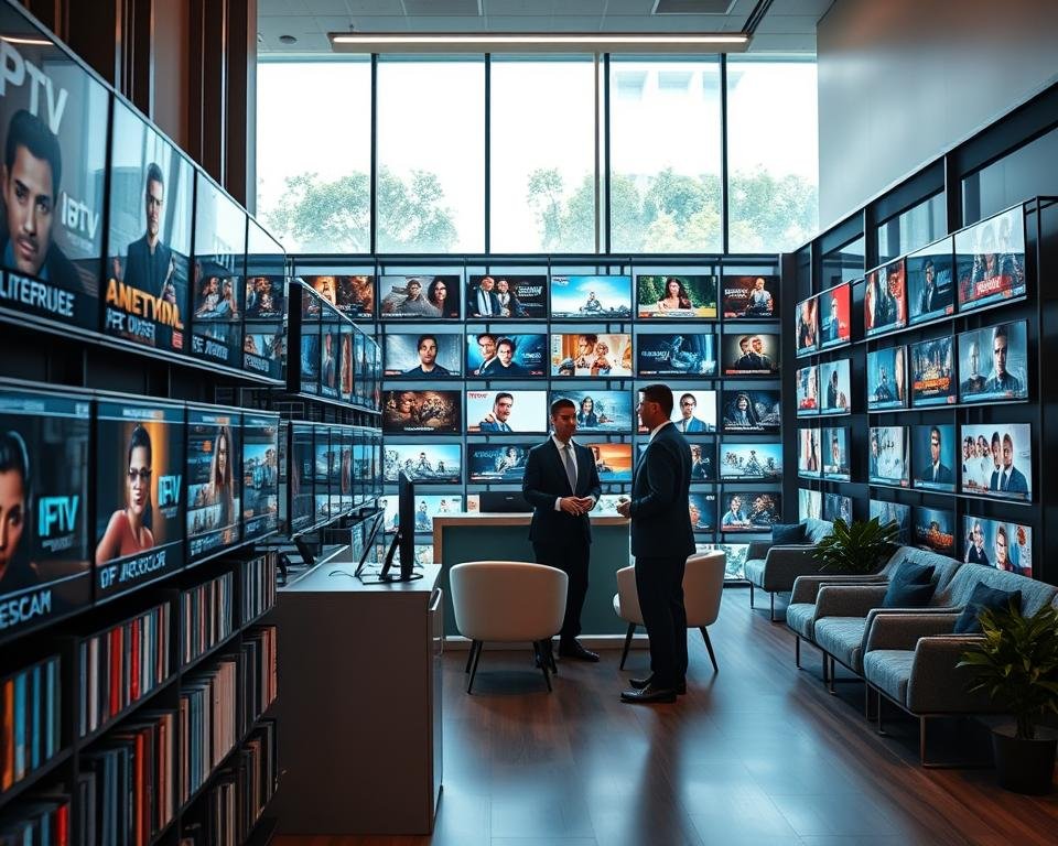 A modern and sleek IPTV content library showcasing a variety of digital screens displaying vibrant thumbnails of shows and movies. In the foreground, there's a stylish metallic bookshelf lined with monitors featuring various IPTV channels, conveying a sense of reliability and diversity. The middle ground contains a well-lit reception area with comfortable seating, where a professional individual in business attire is engaging with a user, discussing subscription options. In the background, large windows filter soft, natural light, creating an inviting atmosphere. Subtle technology accents like LED lighting cast a contemporary hue, enhancing the mood of innovation and accessibility in digital streaming. The overall composition should feel welcoming and professional, emphasizing the advantages of a reliable IPTV subscription.