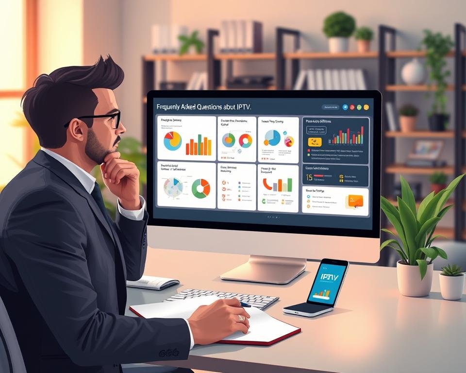A modern and sleek digital illustration depicting a workspace focused on IPTV subscriptions, featuring a computer screen displaying colorful infographics related to frequently asked questions about IPTV services. In the foreground, a professional in smart business attire is analyzing charts and data with a thoughtful expression. In the middle ground, a stylish desk with a notebook, pen, and a smartphone displays the latest IPTV subscription offers. The background features a softly blurred office environment with shelves of tech books and plants, creating a cozy yet professional atmosphere. Warm ambient lighting enhances the inviting mood, while a subtle focus directs attention to the computer screen and the engaged individual, inviting viewers to explore the topic further.