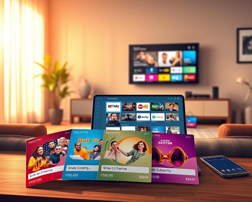 A modern and sleek digital illustration showcasing various IPTV subscription plans. In the foreground, several colorful subscription cards with distinct designs representing different TV packages, visually appealing icons for channels, and prices displayed prominently. In the middle ground, a stylish, minimalist setup with a laptop open to a streaming service interface, surrounded by smart devices like a smartphone and tablet. The background displays a cozy living room with a large flat-screen TV mounted on the wall, softly illuminated by warm ambient lighting. The mood is inviting and sophisticated, suggesting premium home entertainment. Use a wide-angle perspective to create depth, and capture the scene in a bright and vibrant color palette, highlighting the excitement of choosing an IPTV subscription.