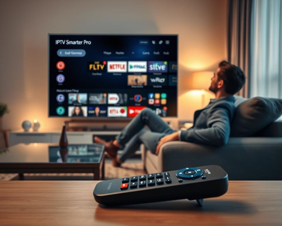 A modern and sleek digital representation of a smart TV showcasing the IPTV Smarter Pro application interface. In the foreground, a remote control with vibrant buttons is placed on a stylish coffee table. The middle ground features a person in professional casual attire, leaning back on a contemporary sofa, deeply engaged with the TV screen that displays various IPTV channels and features, radiating a warm glow. In the background, a cozy living room is tastefully decorated with soft lighting, creating an inviting atmosphere. The scene captures the advantages of streaming television with a sense of comfort and technology, emphasizing easy access to content and user-friendly navigation. The overall mood is relaxed yet sophisticated, reflecting a modern lifestyle focused on entertainment.