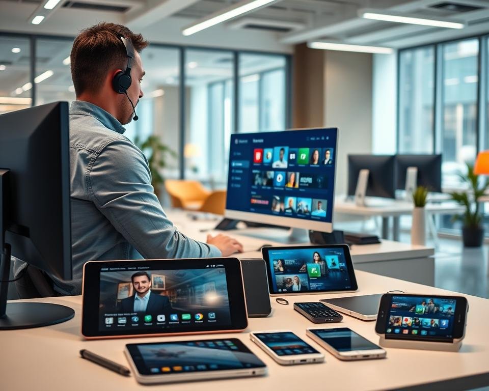 A modern and sleek digital support center for IPTV assistance, featuring a well-organized help desk with a professional support agent dressed in business casual attire, sitting at a computer. In the foreground, the agent is engaged in a conversation, gesturing towards the screen displaying a user-friendly interface with IPTV options. In the middle, various support tools and devices, such as tablets and smartphones, are scattered around, showcasing multiple streaming applications. The background features a contemporary office environment with soft lighting, bright colors, and large windows letting in natural light. The atmosphere is welcoming and efficient, evoking a sense of reliability and professionalism. The entire scene captures the essence of effective customer support in the IPTV sector. A modern and sleek digital support center for IPTV assistance, featuring a well-organized help desk with a professional support agent dressed in business casual attire, sitting at a computer. In the foreground, the agent is engaged in a conversation, gesturing towards the screen displaying a user-friendly interface with IPTV options. In the middle, various support tools and devices, such as tablets and smartphones, are scattered around, showcasing multiple streaming applications. The background features a contemporary office environment with soft lighting, bright colors, and large windows letting in natural light. The atmosphere is welcoming and efficient, evoking a sense of reliability and professionalism. The entire scene captures the essence of effective customer support in the IPTV sector.
