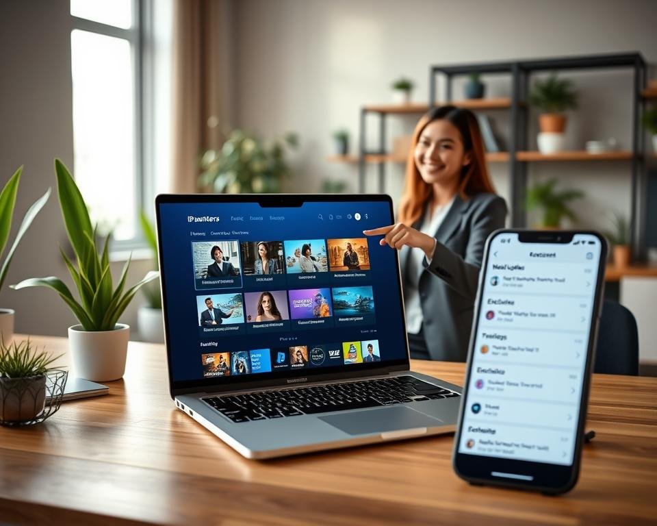 A modern and sleek digital workspace focused on the process of purchasing IPTV Smarters Pro. In the foreground, a well-organized desk features a high-resolution laptop displaying the IPTV Smarters Pro interface, showcasing vibrant channels and user-friendly navigation. Two professional figures, a man and a woman, dressed in smart business attire, are engaged in a discussion, pointing at the screen and smiling, conveying a sense of collaboration and success. In the middle ground, a smartphone displays notifications of exclusive offers, emphasizing a quick and simplified buying process. The background consists of soft-focus office elements such as potted plants and modern shelving, creating a warm and inviting atmosphere. Soft, natural lighting fills the room, casting gentle shadows, contributing to a productive yet relaxed mood.