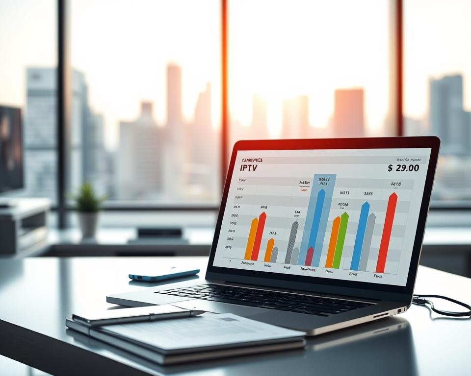 A modern and sleek digital workspace showcasing a comparative price chart of IPTV streaming platforms. In the foreground, a stylish laptop displays colorful graphs and icons representing various streaming services (like Netflix, Hulu, Amazon Prime). The middle ground features a clean desk with a smartphone and notebooks, symbolizing subscription plans. In the background, a soft-focus city skyline through a large window hints at a contemporary urban environment. Bright, natural lighting filters in, creating an inviting and professional atmosphere. A wide-angle view captures the essence of technology and innovation in the IPTV landscape, conveying accessibility and reliability. The image should evoke a sense of clarity and modernity, perfect for illustrating subscription options and pricing in the IPTV service sector.