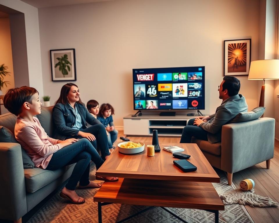 A modern and sleek living room setting depicting a family enjoying their IPTV Smarters subscription. In the foreground, a joyful family of four - a mom and dad in smart casual attire, and two kids, one boy and one girl, comfortably seated on a plush couch with a large flat-screen TV displaying various colorful TV channels. In the middle ground, a stylish wooden coffee table is scattered with snacks and remote controls. The background features a tastefully decorated room with soft lighting, warm colors, and contemporary artwork on the walls, creating a cozy atmosphere. The scene captures a moment of connection and entertainment, emphasizing the accessibility and enjoyment of online TV options. Use bright and inviting lighting to enhance the warmth of the setting while maintaining a clear focus on the family and their entertainment experience. A modern and sleek living room setting depicting a family enjoying their IPTV Smarters subscription. In the foreground, a joyful family of four - a mom and dad in smart casual attire, and two kids, one boy and one girl, comfortably seated on a plush couch with a large flat-screen TV displaying various colorful TV channels. In the middle ground, a stylish wooden coffee table is scattered with snacks and remote controls. The background features a tastefully decorated room with soft lighting, warm colors, and contemporary artwork on the walls, creating a cozy atmosphere. The scene captures a moment of connection and entertainment, emphasizing the accessibility and enjoyment of online TV options. Use bright and inviting lighting to enhance the warmth of the setting while maintaining a clear focus on the family and their entertainment experience.