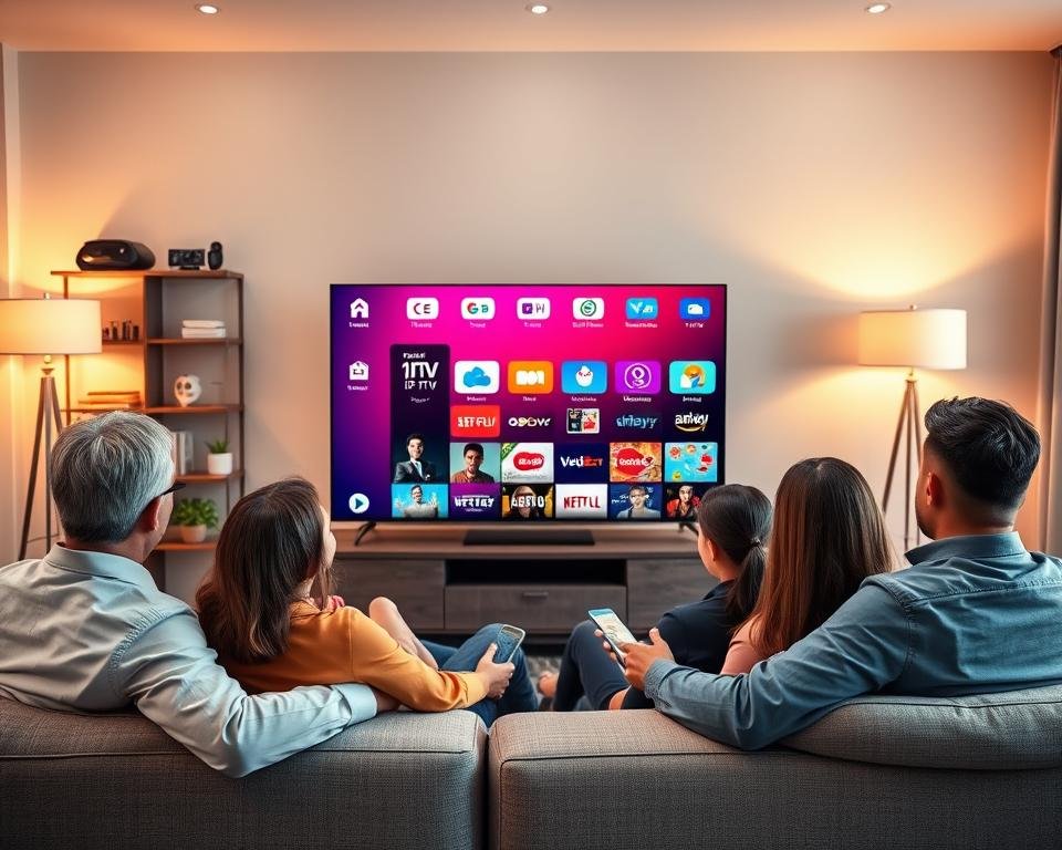 A modern and sleek living room setting where a family enjoys IPTV streaming on a large flat-screen TV. In the foreground, a diverse family, dressed in professional casual attire, sits comfortably on a stylish sofa, fully engaged with the vibrant content on the screen. The middle ground features the TV showcasing a vibrant interface displaying various streaming options, icons, and a colorful grid layout that represents entertainment channels. The background includes a stylish bookshelf filled with gadgets and decor items, bathed in soft, warm lighting from a nearby lamp, creating a cozy atmosphere. The overall mood is lively and modern, emphasizing the innovative features of IPTV Streaming Pro in a welcoming home environment, captured with a natural lens from a slightly elevated angle.