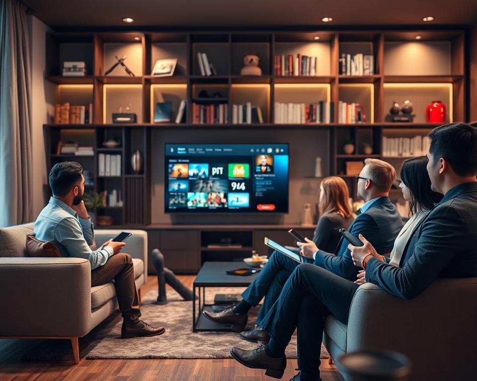 A modern and sleek living room showcasing a comfortable couch and an elegant TV setup, emphasizing a high-definition flat screen displaying IPTV content. In the foreground, a diverse group of four professionals in business attire are seated, engaged in discussion while holding digital devices like tablets and smartphones. The background features a stylish bookshelf filled with technology-related literature, dim ambient lighting casting a warm glow, enhanced by a soft-focus effect to create a sense of intimacy. Bright accents in the room highlight the innovative aspect of IPTV services, reflecting a mood of excitement and professionalism. The scene captures the essence of a vibrant discussion about IPTV Pro, perfect for illustrating the theme of frequent questions about the service.
