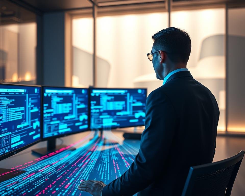 A modern and sleek office environment illustrating "data streaming security." In the foreground, a professional wearing business attire attentively monitors multiple screens displaying secure data flows and network connections in vibrant blue hues. In the middle ground, a digital representation of streaming data flows, represented as colorful lines and encrypted code streams, creating a dynamic sense of movement and security. The background features abstract digital walls, softly lit with ambient lighting that suggests a high-tech, safe atmosphere. Use a wide-angle lens perspective to capture the depth of the office. The overall mood is focused, innovative, and secure, symbolizing trust in data management practices within the IPTV sector.