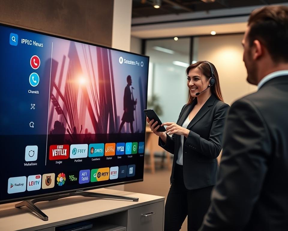 A modern and sleek representation of IPTV Smarters Pro subscription offers. In the foreground, display a high-quality digital screen showcasing a stylish user interface of the IPTV service, featuring vibrant icons and a variety of channels. In the middle ground, include a well-dressed customer service representative engaged in a friendly conversation, holding a smartphone, symbolizing the WhatsApp support feature. The background should feature a contemporary office setting with soft lighting, emphasizing a warm and inviting atmosphere. Use a wide-angle lens to capture the entire scene, ensuring clear visibility of the IPTV display and the representative. The overall mood should convey professionalism, reliability, and modern technology.