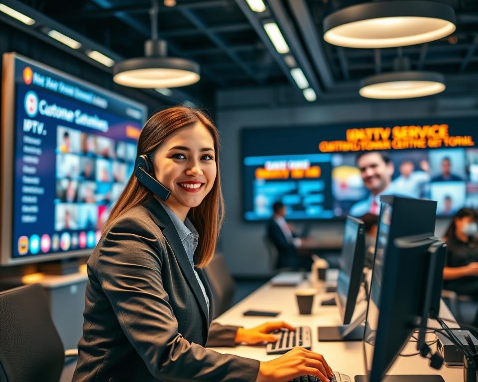 A modern and sleek service desk for a dedicated IPTV customer support center, showcasing a professional representative dressed in business attire, focused on assisting clients via a computer and a smartphone. The foreground features the representative with a friendly expression, illuminated by soft overhead lighting that creates a warm and inviting atmosphere. In the middle, a well-organized workspace with large screens displaying IPTV channel options and customer service metrics. The background contains blurred images of happy customers enjoying their IPTV experience, suggesting a 24/7 service commitment. The overall mood conveys professionalism, reliability, and accessibility in a vibrant, tech-savvy environment, with a focus on customer satisfaction.