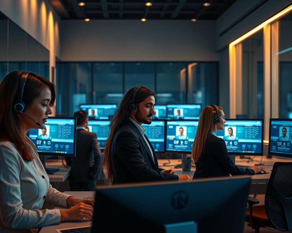 A modern customer support center set at night, illuminated by soft, warm lighting. In the foreground, a diverse group of three professionals in smart business attire, intently engaging with their computers, showcasing teamwork and dedication. The middle layer features customer service representatives, surrounded by multiple screens displaying a user-friendly interface of an IPTV application, emphasizing 24/7 availability. In the background, a sleek office space with minimalist design and calming blue tones, reflecting a professional atmosphere. The scene conveys a sense of reliability and responsiveness, with light casting gentle shadows to evoke a feeling of trust and support. The overall mood is focused, optimistic, and efficient. A modern customer support center set at night, illuminated by soft, warm lighting. In the foreground, a diverse group of three professionals in smart business attire, intently engaging with their computers, showcasing teamwork and dedication. The middle layer features customer service representatives, surrounded by multiple screens displaying a user-friendly interface of an IPTV application, emphasizing 24/7 availability. In the background, a sleek office space with minimalist design and calming blue tones, reflecting a professional atmosphere. The scene conveys a sense of reliability and responsiveness, with light casting gentle shadows to evoke a feeling of trust and support. The overall mood is focused, optimistic, and efficient.