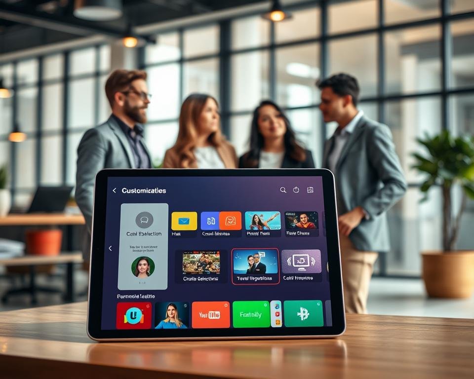 A modern customization interface for a streaming application, showcasing a sleek and intuitive design. In the foreground, display a tablet screen with a vibrant user interface featuring customizable options such as color themes, channel selections, and personalized recommendations. The middle ground includes a diverse group of three professionals, dressed in smart casual attire, collaborating and discussing the interface's features, with an air of enthusiasm and modernity. The background features a stylish, contemporary office space with soft, natural lighting filtering through large windows, creating a warm and inviting atmosphere. The scene captures the essence of user-friendly technology, highlighting personalization and enhanced user experience in streaming services.