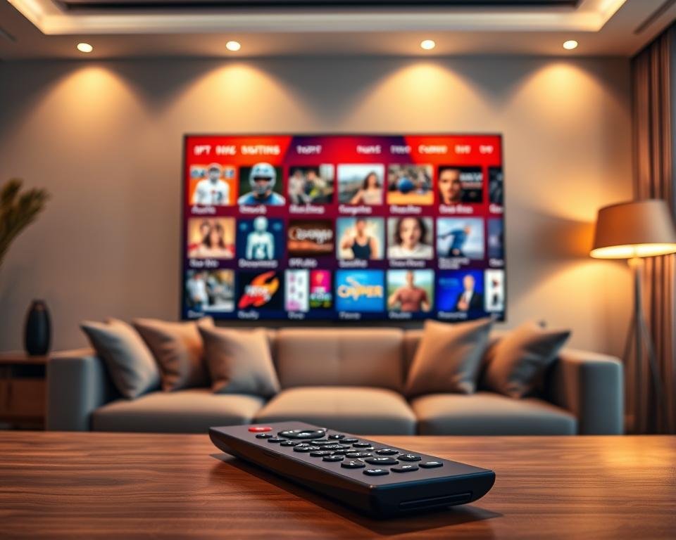 A modern digital interface depicting IPTV Smarters Pro, featuring a large, vibrant screen showcasing a variety of streaming content options, such as movies, sports, and documentaries. In the foreground, a sleek remote control rests on a stylish coffee table, hinting at user interaction. The middle ground includes a comfortable sofa with plush cushions, inviting viewers to relax while enjoying diverse entertainment. In the background, soft ambient lighting creates a cozy atmosphere, accentuating the elegance of the living room. The scene captures a sense of inclusivity and enjoyment for all tastes, with a warm color palette and a slight bokeh effect to draw focus to the IPTV interface. The overall mood is welcoming and modern, ideal for a home entertainment setting.