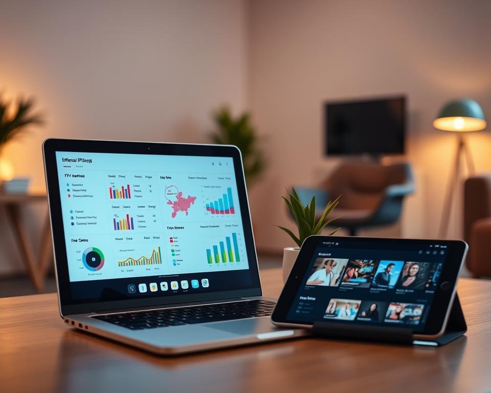 A modern digital interface showcasing a comparative analysis of IPTV subscription plans. In the foreground, a sleek laptop displays vibrant charts and graphs comparing various IPTV services, each highlighted with different colors. Beside the laptop, a tablet shows a user-friendly app interface with streaming options. In the middle ground, a blurred workspace features a stylish chair and a small potted plant, suggesting a professional environment. The background is softly illuminated by warm, ambient light, enhancing a cozy atmosphere. The scene is captured from a slight angle, with a lens that offers a sharp focus on the devices while softly blurring the background, creating depth. Emphasize a clean and organized aesthetic, resonating with tech-savvy consumers analyzing their options.