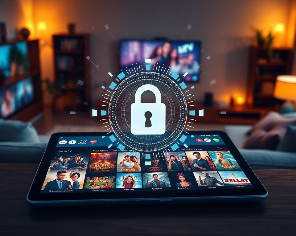 A modern digital interface showcasing the concept of secure IPTV streaming. In the foreground, a sleek tablet displays vibrant, high-definition images of popular TV shows and movies, symbolizing diverse content options. The middle ground features a stylized lock icon representing enhanced security measures, surrounded by digital patterns and binary code to emphasize the technology aspect. The background depicts a cozy living room setting with warm ambient lighting, perhaps a soft sofa and a television in the background, creating an inviting atmosphere. Use a high-angle perspective to give a comprehensive view of the scene. The mood should feel dynamic and secure, reflecting advanced technology and comfort in viewing.