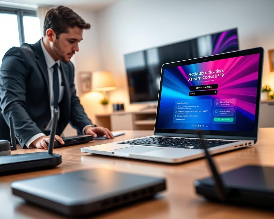 A modern digital workspace featuring a sleek laptop displaying the "Activation Xtream Codes IPTV" interface, highlighting vivid colors and user-friendly design elements. In the foreground, a focused professional in business attire interacts with the laptop, showcasing the activation process with intent. The middle-ground includes various streaming devices, like a smart TV and a wireless router, emphasizing connectivity and user experience. The background displays a softly lit modern office environment, with a subtle hint of entertainment-themed decor. Natural lighting filters in from a nearby window, creating a bright and inviting atmosphere. The scene conveys a sense of ease and efficiency in activating IPTV services, with a mood of productivity and innovation. A modern digital workspace featuring a sleek laptop displaying the "Activation Xtream Codes IPTV" interface, highlighting vivid colors and user-friendly design elements. In the foreground, a focused professional in business attire interacts with the laptop, showcasing the activation process with intent. The middle-ground includes various streaming devices, like a smart TV and a wireless router, emphasizing connectivity and user experience. The background displays a softly lit modern office environment, with a subtle hint of entertainment-themed decor. Natural lighting filters in from a nearby window, creating a bright and inviting atmosphere. The scene conveys a sense of ease and efficiency in activating IPTV services, with a mood of productivity and innovation.