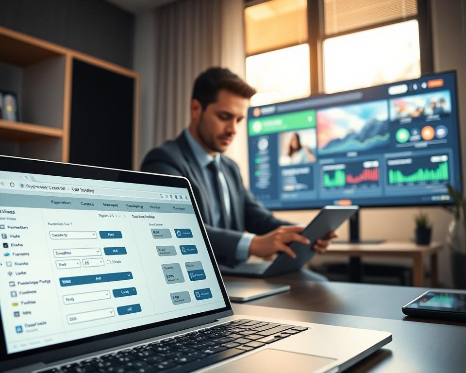 A modern digital workspace setting focused on video streaming optimization. In the foreground, a sleek laptop shows a vibrant user interface with detailed settings for video parameters like resolution, bitrate, and frame rate displayed clearly. The middle ground features a person in professional attire, intently adjusting the settings on the laptop, their expression focused and engaged. The background displays a large screen showing a streaming service interface with high-quality visuals and graphs representing data analytics. Soft, natural lighting emanates from a nearby window, creating a productive atmosphere. The color palette is tech-savvy with blues and greens to enhance the high-tech feel, evoking an efficient and professional mood.