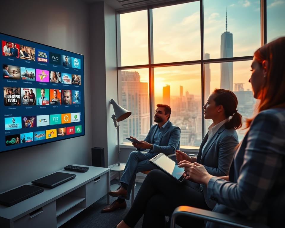 A modern digital workspace showcasing a diverse group of professionals analyzing IPTV technology. In the foreground, a young woman in smart business attire is enthusiastically pointing at a high-resolution screen displaying a vibrant array of live television channels, with colorful thumbnails illustrating various genres. In the middle ground, two colleagues, a man and a woman, are seated with tablets, engaged in a discussion about subscription advantages, surrounded by sleek office equipment. In the background, a large window reveals a futuristic city skyline, bathed in warm, natural daylight, conveying innovation and connectivity. The mood is dynamic and collaborative, emphasizing the benefits of IPTV services while maintaining a clean, professional atmosphere.