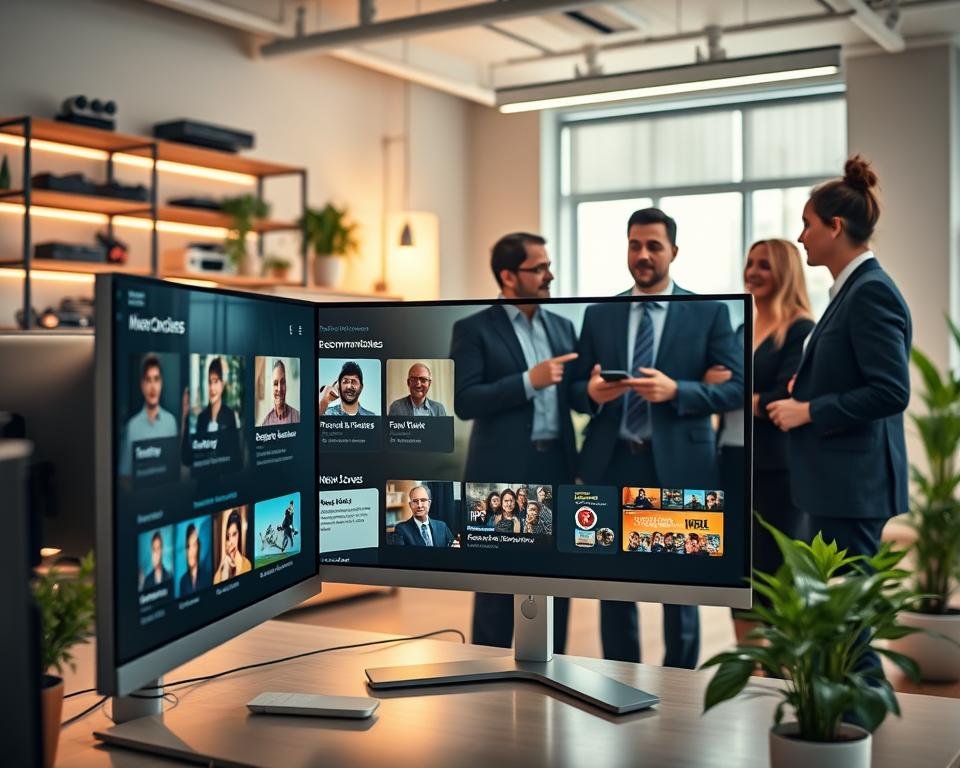 A modern digital workspace showcasing personalized television subscription recommendations based on user profiles. In the foreground, a sleek, stylish computer monitor displays an interactive interface filled with various IPTV options tailored to different user personas, such as families, sports enthusiasts, and movie lovers. In the middle ground, a diverse group of three professionals in business attire discuss the recommendations, gesturing towards the screen with engaged expressions. The background features a cozy, well-lit office with bright ambient lighting, organized shelves of tech gadgets, and plants for a refreshing atmosphere. The overall mood is professional yet inviting, emphasizing innovation and user-centric technology.