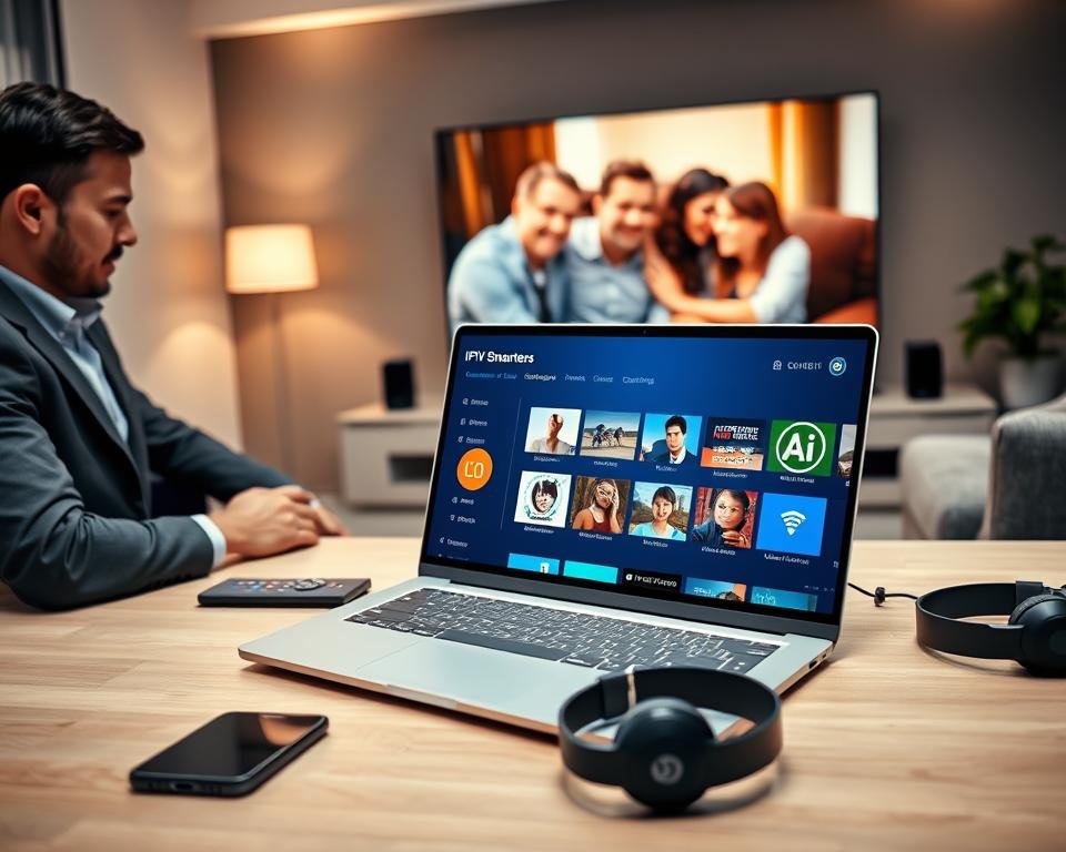 A modern digital workspace showcasing the IPTV Smarters application in action. In the foreground, a sleek laptop displays the IPTV Smarters interface, featuring vibrant channel thumbnails and an optimally organized menu. On one side, a person in professional attire is attentively navigating the app, demonstrating a focused expression. The middle ground features a stylish desk with a smartphone, smart remote, and headphones, enhancing the streaming theme. In the background, a large monitor displays a family enjoying TV together, showcasing happy faces and a comfortable living room setting with soft lighting. The atmosphere is warm and inviting, ideal for a complete user guide. Soft diffused lighting highlights the tech gadgets and creates an engaging environment, captured from a slightly elevated angle for depth.