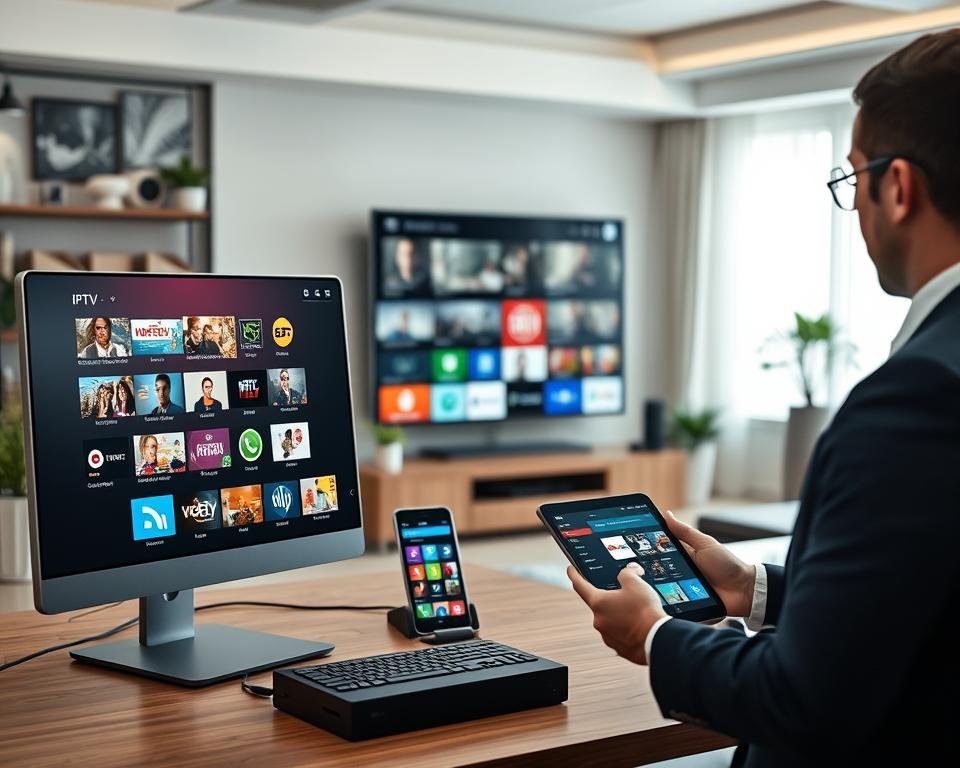 A modern digital workspace showcasing various IPTV services, with a sleek desktop computer in the foreground displaying vibrant IPTV interface options. In the middle, a smartphone and tablet both showcase different streaming services, emphasizing versatility. The background features a stylish living room with a large TV screen displaying multiple channels, surrounded by decorative elements like potted plants and soft lighting to create a cozy atmosphere. The scene is well-lit with natural light streaming in from a window, enhancing the inviting vibe. The overall mood is innovative and tech-savvy, symbolizing the various notable IPTV alternatives available. Professional business attire must be worn by any depicted individuals who are engaged in setting up the devices, ensuring a sophisticated and contemporary look. A modern digital workspace showcasing various IPTV services, with a sleek desktop computer in the foreground displaying vibrant IPTV interface options. In the middle, a smartphone and tablet both showcase different streaming services, emphasizing versatility. The background features a stylish living room with a large TV screen displaying multiple channels, surrounded by decorative elements like potted plants and soft lighting to create a cozy atmosphere. The scene is well-lit with natural light streaming in from a window, enhancing the inviting vibe. The overall mood is innovative and tech-savvy, symbolizing the various notable IPTV alternatives available. Professional business attire must be worn by any depicted individuals who are engaged in setting up the devices, ensuring a sophisticated and contemporary look.