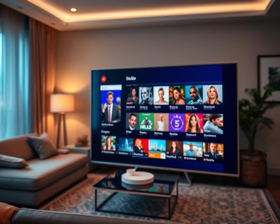 A modern electronic TV guide interface displayed prominently on a sleek smart TV screen. The foreground features a close-up view of the TV screen showcasing vibrant, clear program listings with icons and colorful thumbnails, highlighting different categories like movies, sports, and news. In the middle ground, a stylish living room scene surrounds the TV, including a comfortable couch and contemporary decor. The background features soft ambient lighting, creating a cozy and inviting atmosphere. The mood is informative and sleek, ideal for a tech-savvy audience. Use a shallow depth of field to emphasize the TV screen while subtly blurring the surrounding furniture and decor for a polished look.