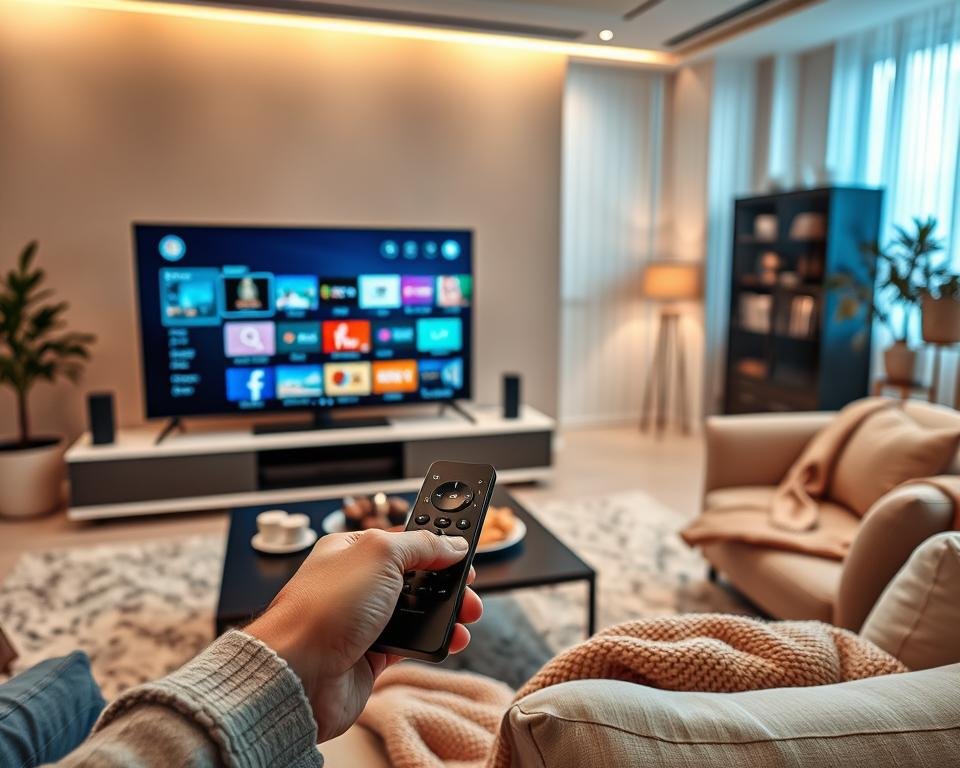 A modern, high-tech living room showcasing premium IPTV service. In the foreground, a sleek smart TV displays a vibrant menu of various channel options, with an elegant remote in hand, poised to select. The middle ground features a stylish coffee table adorned with snacks and a cozy blanket, emphasizing comfort. The background reveals a contemporary decor, with soft ambient lighting creating a warm atmosphere. The setting is peaceful yet sophisticated, evoking a sense of exclusivity associated with premium services. An inviting layout, coupled with sharp focus on the TV screen, ensures an engaging viewing experience. The entire composition should embody luxury and modernity without any text or disturbances. A modern, high-tech living room showcasing premium IPTV service. In the foreground, a sleek smart TV displays a vibrant menu of various channel options, with an elegant remote in hand, poised to select. The middle ground features a stylish coffee table adorned with snacks and a cozy blanket, emphasizing comfort. The background reveals a contemporary decor, with soft ambient lighting creating a warm atmosphere. The setting is peaceful yet sophisticated, evoking a sense of exclusivity associated with premium services. An inviting layout, coupled with sharp focus on the TV screen, ensures an engaging viewing experience. The entire composition should embody luxury and modernity without any text or disturbances.
