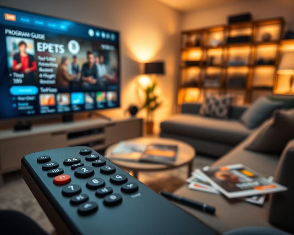A modern home entertainment setup featuring a sleek television displaying an interactive Electronic Program Guide (EPG). In the foreground, a close-up of a well-designed remote control with clearly labeled buttons for easy navigation. The middle ground showcases a comfortable living room setting, with a stylish couch and a coffee table scattered with tech magazines. The background includes soft ambient lighting, creating a cozy atmosphere, and a shelf filled with various media devices. The image is captured from a slightly elevated angle, with warm lighting highlighting the features of the remote and the glowing TV screen. The overall mood is inviting and tech-savvy, perfect for illustrating a guide on configuring digital services. A modern home entertainment setup featuring a sleek television displaying an interactive Electronic Program Guide (EPG). In the foreground, a close-up of a well-designed remote control with clearly labeled buttons for easy navigation. The middle ground showcases a comfortable living room setting, with a stylish couch and a coffee table scattered with tech magazines. The background includes soft ambient lighting, creating a cozy atmosphere, and a shelf filled with various media devices. The image is captured from a slightly elevated angle, with warm lighting highlighting the features of the remote and the glowing TV screen. The overall mood is inviting and tech-savvy, perfect for illustrating a guide on configuring digital services.