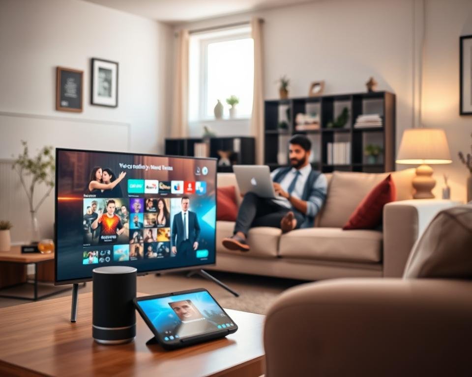 A modern home environment showcasing various devices compatible with streaming services. In the foreground, a sleek television screen displays vibrant streaming content, surrounded by a smart speaker and a tablet. The middle layer includes a cozy sofa with a professional individual in business attire, engaged in watching content on a laptop. The background features subtle decorations like bookshelves and a window with soft natural light filtering in, creating an inviting atmosphere. Use warm, ambient lighting to enhance the welcoming mood. The composition should be well-balanced, emphasizing the seamless integration of technology into daily life, with a focus on compatibility across multiple devices for streaming.