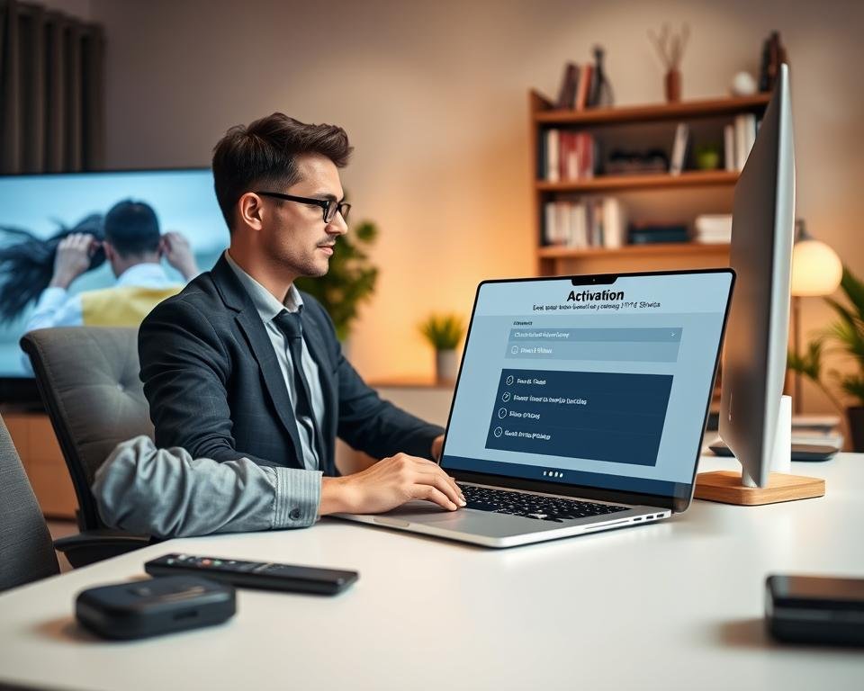 A modern home office setting featuring a sleek computer desk, where a professional individual in smart casual attire is focused on activating IPTV services on a laptop. In the foreground, the laptop screen displays a user-friendly interface of an IPTV activation process with vibrant graphics and easy-to-follow options. The middle ground includes scattered technical gadgets like a digital remote and a smart TV, hinting at IPTV capabilities. The background has soft, ambient lighting, accented with warm tones that create a cozy atmosphere, and a stylish bookshelf filled with tech-related books. The overall mood is one of efficiency and modernity, reflecting a seamless, instant activation experience.