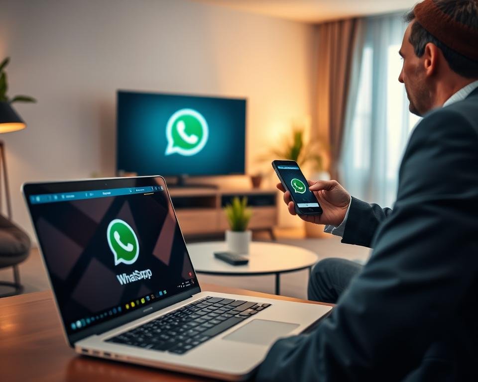 A modern home office setting featuring a sleek laptop displaying the WhatsApp interface. In the foreground, a professional individual in business attire is holding a smartphone with the WhatsApp logo visible, engaged in an animated conversation about IPTV streaming services. The middle ground includes a coffee table with a remote control, a small plant, and a stylish television displaying an IPTV logo, hinting at high-quality streaming. The background features soft ambient lighting from a window, creating a warm and inviting atmosphere. Use a shallow depth of field to focus on the subject while softly blurring the background, enhancing the professional mood and emphasizing the connection between messaging and streaming services.