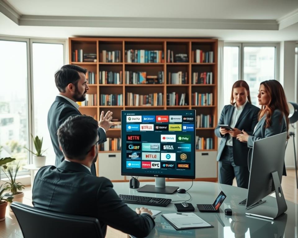 A modern home office setting, with a sleek desk and a state-of-the-art computer displaying a variety of legal streaming platforms on the screen. In the foreground, a diverse group of three professionals in business attire—two men and one woman—are engaged in discussion. The man on the left gestures towards the screen, while the woman on the right takes notes. The middle layer features a large bookshelf filled with technology and entertainment books. In the background, large windows allow natural light to flood the room, creating a bright and welcoming atmosphere. Soft shadows enhance the depth, while a warm color palette adds a sense of comfort and professionalism to the scene. Ensure clarity and focus on the streaming platforms displayed on the screen.