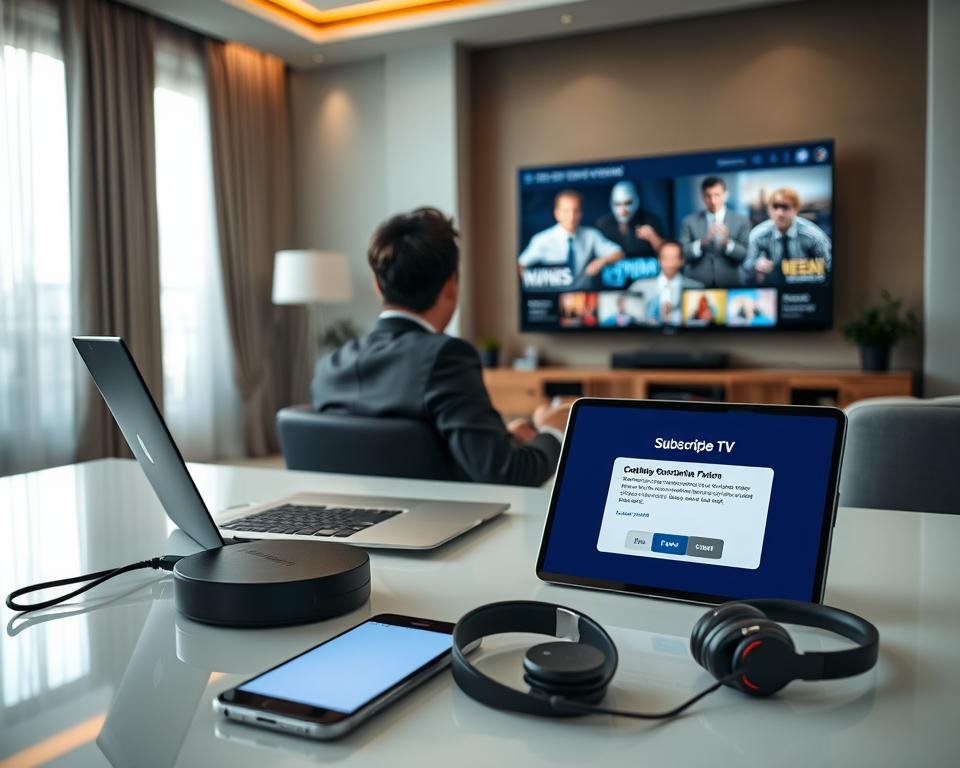 A modern home office setup showcasing a person in professional attire seated at a sleek desk, engaging with a laptop displaying a video streaming platform interface. In the foreground, a smartphone is placed next to the laptop, illustrating a subscription confirmation alert. The middle ground features an elegant interior with soft lighting, highlighting a large wall-mounted television in the background, showing high-quality streaming content. Natural light streams through a nearby window, creating a warm and inviting atmosphere. Include technology elements like a streaming device and headphones to emphasize the online TV subscription process. The image captures a sense of simplicity and instant gratification, inviting viewers into the world of online television subscription.