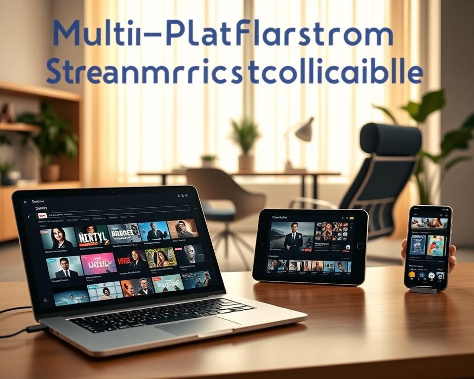 A modern home office setup showcasing "multi-platform streaming compatibility." In the foreground, a sleek laptop displaying various streaming apps with user-friendly interfaces. Beside it, a tablet and smartphone, each showing diverse content available on different platforms. The middle ground features a comfortable workspace with a stylish chair, a desk with minimalist decor, and a small potted plant for a touch of greenery. In the background, a large window letting in warm, soft natural light, casting gentle shadows across the scene. The mood is inviting and productive, emphasizing technology's seamless integration into daily life. The image should be bright and clear, with a focus on the devices to highlight ease of access to entertainment.