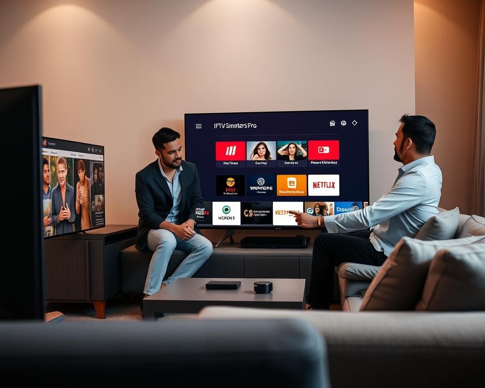A modern home setting featuring a sleek Smart TV displaying the IPTV Smarters Pro interface. In the foreground, a diverse group of three individuals—two men and one woman—dressed in professional attire, are seated comfortably on a stylish sofa, attentively exploring the app on the TV. The middle ground includes a minimalist coffee table with a few tech gadgets and a remote control. The background features soft, ambient lighting, with a warm color palette that creates a cozy yet contemporary atmosphere. The composition is shot from a slightly low angle to emphasize the TV and the engaged users, focusing on their expressions of interest and excitement. The room is tastefully decorated to convey a modern lifestyle.