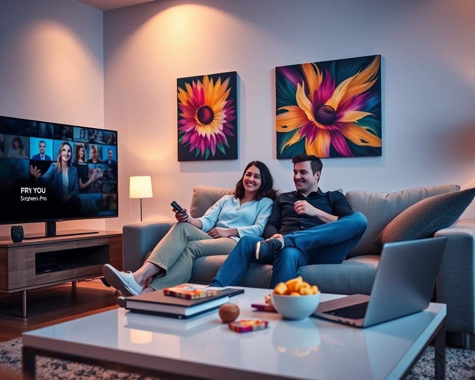 A modern, inviting living room setting showcasing a couple sitting on a comfortable sofa, both engrossed in streaming content on a large flat-screen TV. The foreground features the couple, dressed in smart casual clothing, with expressions of enjoyment and engagement as they use a smart device to subscribe to IPTV Smarters Pro. In the middle ground, a sleek coffee table holds a remote control, a laptop, and snacks, reflecting a cozy atmosphere. The background includes a softly lit wall adorned with vibrant artwork that hints at entertainment, with soft, ambient lighting that creates a relaxed mood. Capture this scene from a slightly elevated angle to emphasize the technology and the couple's interaction.