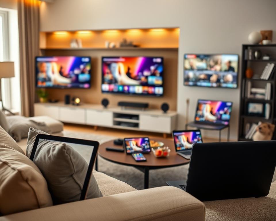 A modern living room featuring a diverse array of streaming devices, including a smart TV, tablet, laptop, and smartphone, all displaying vibrant images of popular streaming content. In the foreground, a cozy sofa is adorned with pillows, while a coffee table holds a remote and snacks. The middle ground showcases the devices connected to a sleek entertainment center, with colorful light emanating from the screens. The background includes soft-lit shelves with books and decor, creating a warm and inviting atmosphere. The scene is illuminated by natural light coming from a nearby window, emphasizing the compatibility of streaming devices in everyday life. The focus is sharp, highlighting the devices and their outputs.