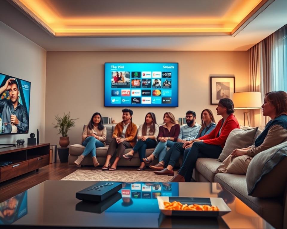 A modern living room featuring a high-definition television displaying a vibrant streaming interface. In the foreground, a sleek coffee table with a remote control and snacks, evoking a cozy viewing environment. The middle ground includes a comfortable sofa with plush cushions, where a diverse group of individuals dressed in smart casual attire are gathered, engrossed in their show. The background shows a tastefully decorated room with warm lighting, soft shadows, and an inviting atmosphere. Utilize a wide-angle lens to capture the entire scene, with an emphasis on clarity and rich colors to reflect high-quality streaming performance. The overall mood is engaging and relaxed, illustrating a seamless viewing experience.