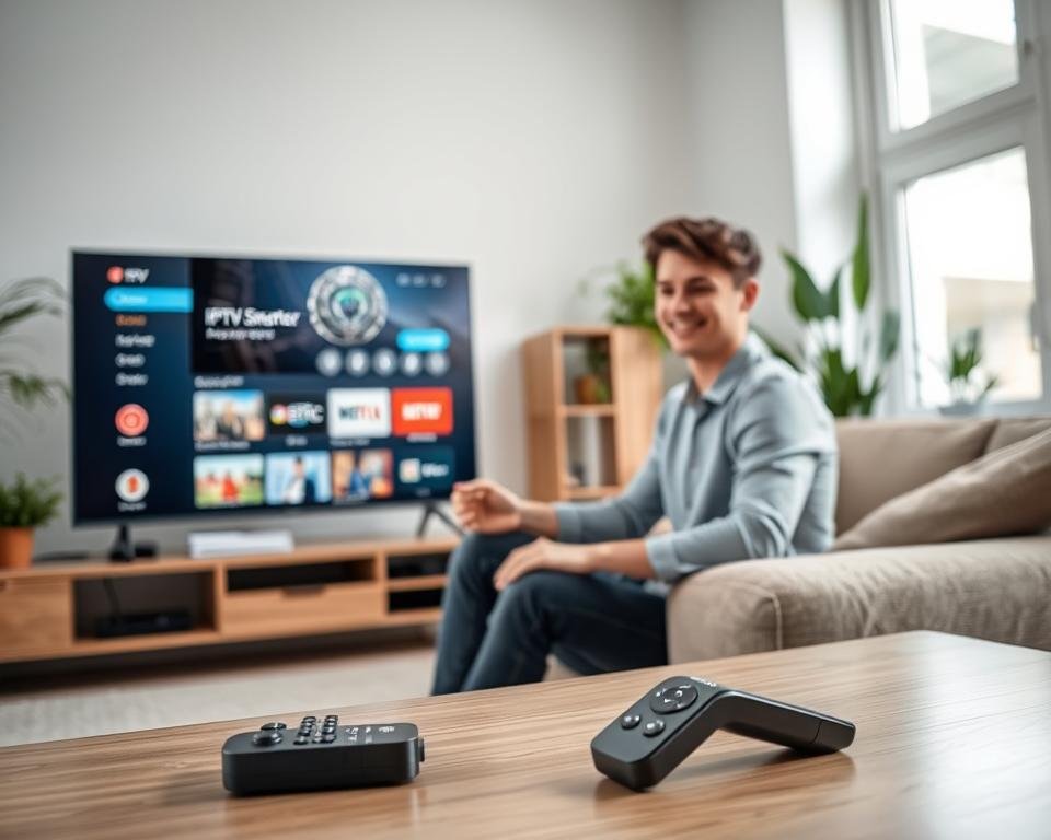 A modern living room featuring a large Smart TV displaying the IPTV Smarter Pro application interface. In the foreground, a sleek remote control rests on a stylish coffee table, highlighting the convenience of streaming. In the middle ground, a cheerful young adult, dressed in casual but neat clothing, is sitting on a comfortable couch, intently interacting with the TV. The background showcases a bright, well-lit room with minimalistic decor and potted plants, creating an inviting atmosphere. Soft, natural light filters in through large windows, enhancing the cozy vibe. The focus is on the act of downloading and streaming content, encapsulating the essence of accessible technology for home entertainment.