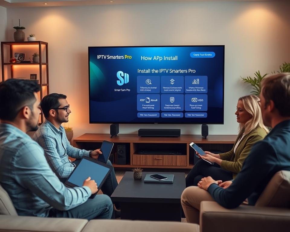 A modern living room featuring a large flat-screen Smart TV displaying the IPTV Smarters Pro application interface. In the foreground, a diverse group of three adults, wearing casual business attire, are engaged in a discussion about the app installation process, with laptops and tablets open alongside them. The middle scene showcases a close-up of the Smart TV screen, clearly showing step-by-step instructions on how to install IPTV Smarters Pro, with icons and a user-friendly layout. In the background, soft ambient lighting creates a cozy, tech-savvy atmosphere, highlighting decorative elements like shelves with gadgets and plants. The overall mood is informative and collaborative, emphasizing a friendly learning environment.