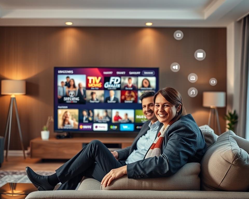 A modern living room featuring a large flat-screen TV displaying streaming content in a vibrant visual interface. In the foreground, a well-dressed professional couple, smiling and enjoying quality time, are seated comfortably on a stylish sofa. The background showcases a cozy ambiance with warm lighting, emphasizing a sense of tranquility. Soft shadows cast by stylish lamps add depth to the scene. Subtle digital elements, like floating icons representing various legal streaming options, hint at the subject of IPTV without cluttering the image. The overall mood is inviting and relaxed, portraying a safe and enjoyable home entertainment experience. The image composition should be balanced, with the couple prominently featured and the streaming screen clearly visible.