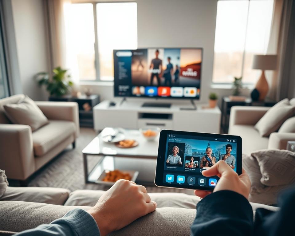A modern living room featuring a large flat-screen TV displaying various streaming services on the screen, surrounded by a cozy sofa and tech gadgets. In the foreground, a tablet and smartphone show streaming interfaces, emphasizing compatibility across devices. The middle ground includes a stylish coffee table with a remote control and snacks, creating a relaxed atmosphere. The background features a bright window showcasing a sunny day outside, adding warmth to the scene. Soft, ambient lighting creates a comfortable mood, emphasizing a homey environment. The angle is slightly above eye level, capturing the entire setup harmoniously, with a focus on the technology seamlessly integrating into daily life.