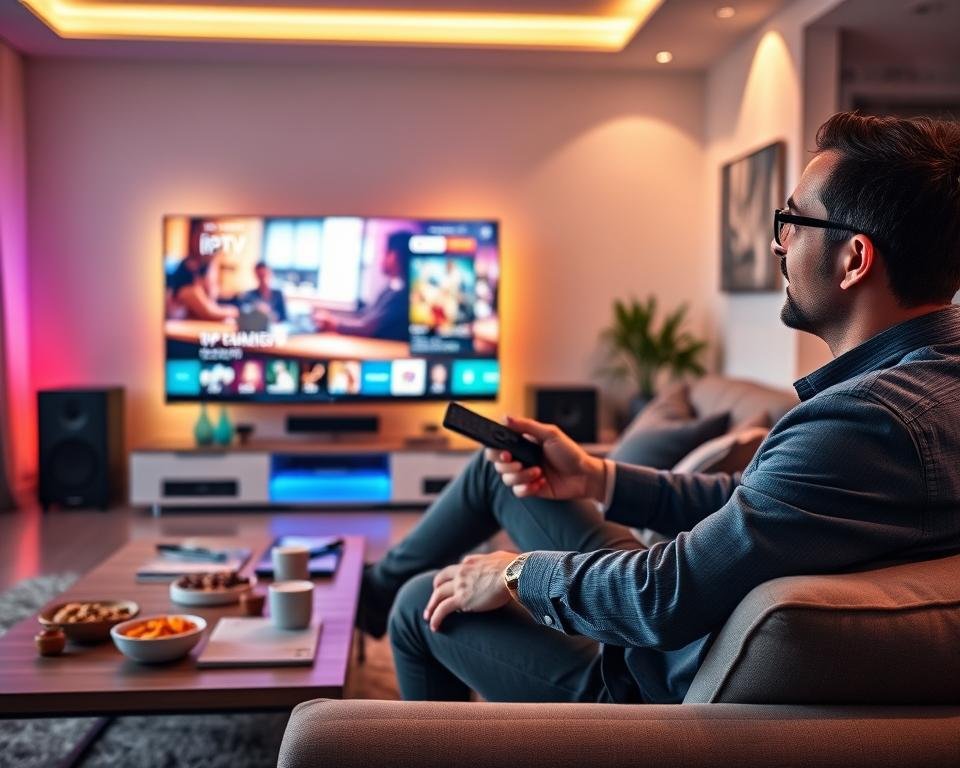 A modern living room featuring a large smart TV displaying vibrant IPTV content, with a sleek sound system and colorful LED lighting in the background. In the foreground, a professional in smart casual clothing is comfortably sitting on a stylish couch, holding a remote control with an engaged expression, enjoying the extraordinary streaming experience. The middle ground shows a coffee table with snacks and drinks, creating a cozy atmosphere. Soft, warm lighting enhances the inviting environment, while a wide-angle perspective captures the essence of home entertainment. The overall mood is relaxed and inviting, showcasing a seamless IPTV experience.