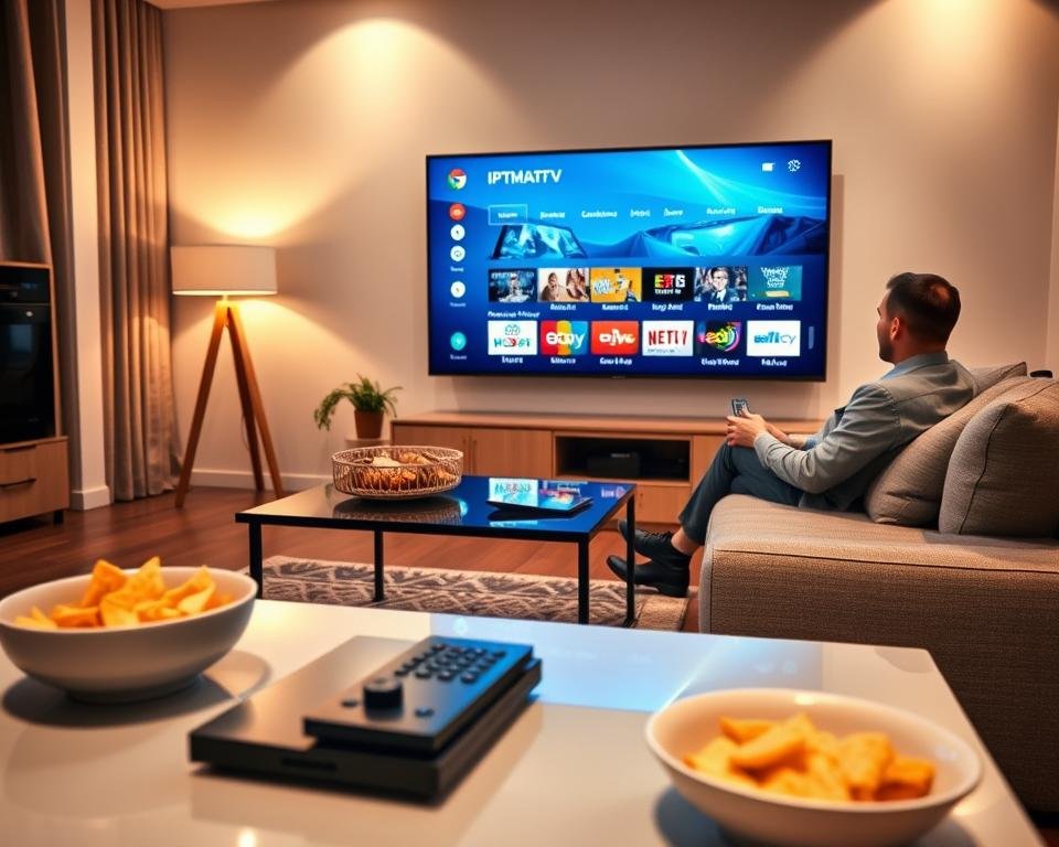 A modern living room featuring a sleek Smart TV displaying an interface for various IPTV applications, emphasizing alternatives to IPTV Smarters Pro. In the foreground, a stylish coffee table holds a remote and a bowl of snacks to convey a relaxed viewing atmosphere. The middle ground showcases a cozy couch with a person dressed in professional attire, intently exploring different streaming options on the Smart TV. In the background, soft ambient lighting illuminates the room, creating a warm and inviting mood. The angle is a slight high perspective, allowing a clear view of both the TV screen and the person’s engagement. The entire scene should reflect a contemporary home entertainment setup, promoting the idea of diverse streaming applications.