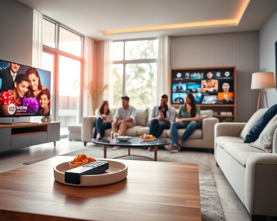A modern living room featuring a sleek TV displaying vibrant streaming content, symbolizing high-quality IPTV service. In the foreground, a stylish coffee table with a remote and snacks, inviting a relaxing atmosphere. The middle ground showcases comfortable furniture, with a family enjoying the experience, dressed in smart casual attire, engaged and happy. In the background, large windows allow soft, natural light to filter in, creating a warm and cozy ambiance. The overall mood should be upbeat and engaging, reflecting the exceptional advantages of the IPTV service, highlighting clarity, diversity of content, and viewing convenience. Use a wide-angle lens to capture the inviting space, ensuring clarity and detail in the image.
