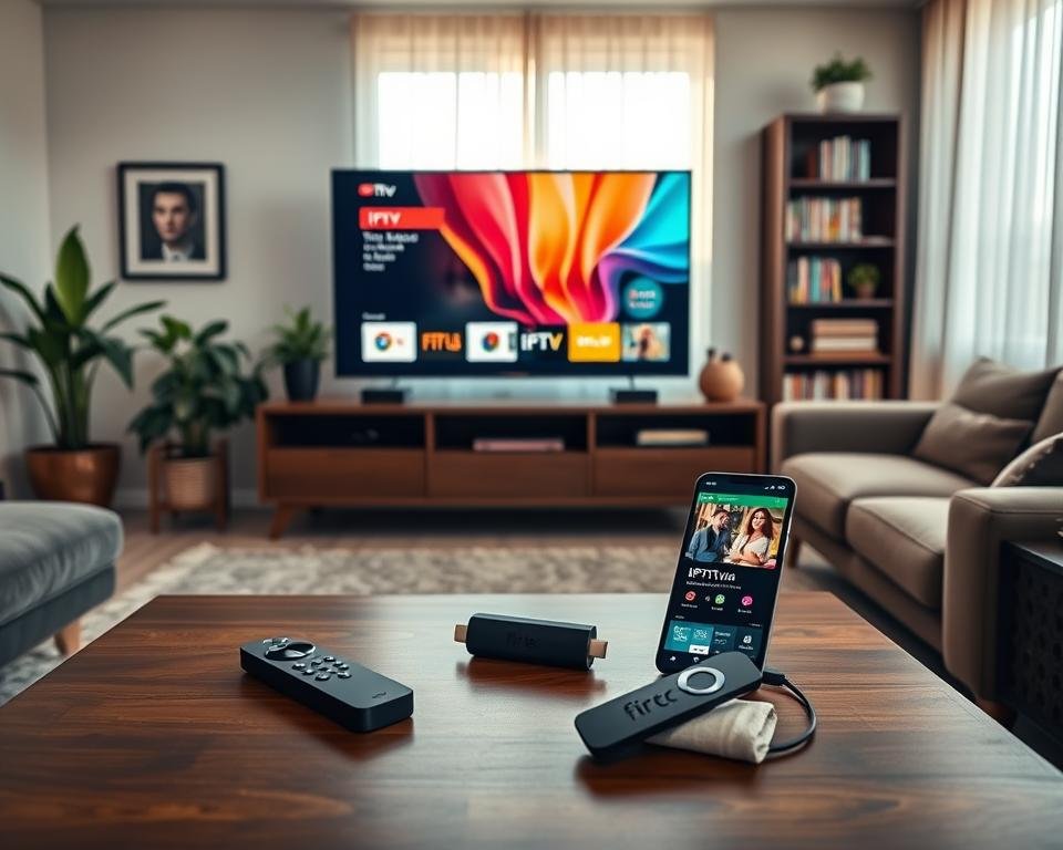 A modern living room featuring a sleek black Fire TV Stick connected to a large, flat-screen television displaying a colorful IPTV interface. In the foreground, a neatly arranged coffee table holds a remote control, a few snacks, and a smartphone showing an IPTV app. The middle ground showcases the television and the Fire TV Stick mounted against a stylish media console. Soft, warm lighting fills the room, creating a cozy atmosphere, with rays of light filtering in through sheer curtains. The background consists of tasteful decor: houseplants, framed artwork, and a bookshelf lined with magazines. The scene should evoke a sense of comfort and modern technology, highlighting the ease of setting up IPTV on the Fire TV Stick without any distractions or text.